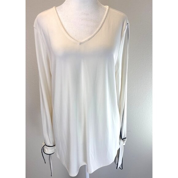 NTW Anne Taylor Elegant White V-Neck Blouse & Black Trim Large Light Academia - Picture 1 of 13